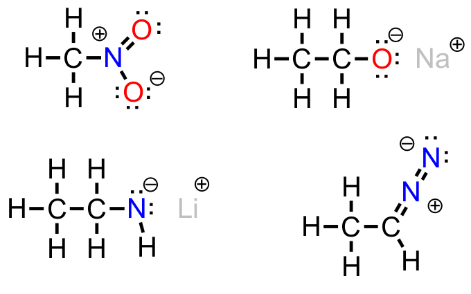 Lewis structures showing ionic and formal charges